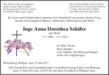 Traueranzeige von Inge Anna Dorothea Schäfer von  Gießener Anzeiger