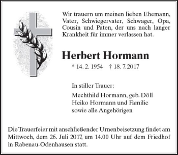 Traueranzeige von Herbert Hormann von  Gießener Anzeiger