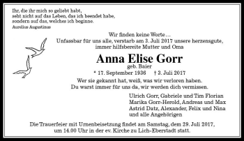 Traueranzeige von Anna Elise Gorr von  Gießener Anzeiger