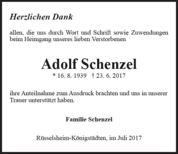 Traueranzeige von Adolf Schenzel von Trauerportal Rhein Main Presse