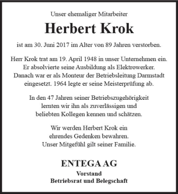 Traueranzeige von Herbert Krok von Trauerportal Echo Online