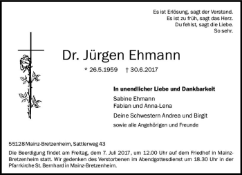 Traueranzeige von Jürgen Ehmann von Trauerportal Rhein Main Presse