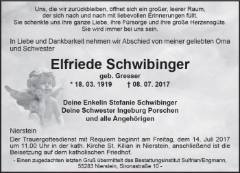 Traueranzeige von Elfriede Schwibinger von Trauerportal Rhein Main Presse