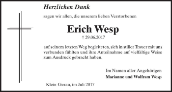Traueranzeige von Erich Wesp von Trauerportal Echo Online
