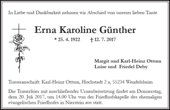 Traueranzeige von Erna Karoline Günther von Trauerportal Rhein Main Presse