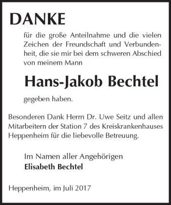 Traueranzeige von Hans-Jakob Bechtel von Trauerportal Echo Online