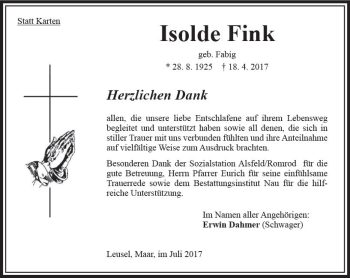 Traueranzeige von Isolde Fink von VRM Trauer