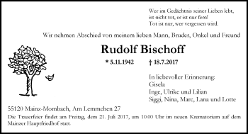 Traueranzeige von Rudolf Bischoff von Trauerportal Rhein Main Presse