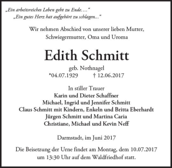 Traueranzeige von Edith Schmitt von Trauerportal Echo Online