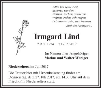Traueranzeige von Irmgard Lind von  Camberger Anzeiger