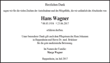 Traueranzeige von Hans Wagner von Trauerportal Echo Online