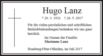 Traueranzeige von Hugo Lanz von VRM Trauer