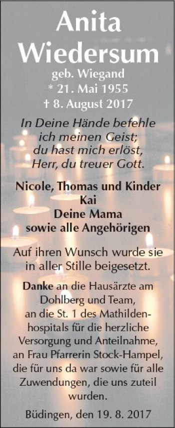 Traueranzeige von Anita Wiedersum von  Kreisanzeiger