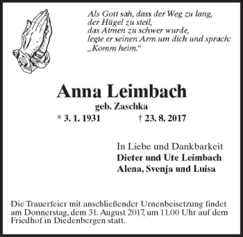 Traueranzeige von Anna Leimbach von Trauerportal Rhein Main Presse