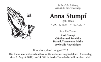 Traueranzeige von Anna Stumpf von  Kreisanzeiger