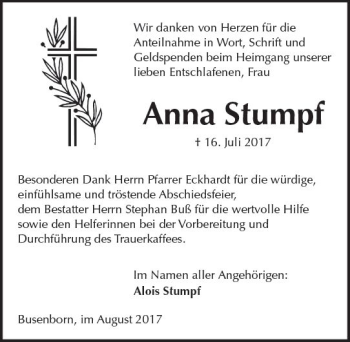 Traueranzeige von Anna Stumpf von  Kreisanzeiger