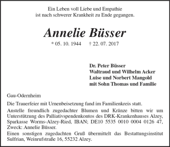 Traueranzeige von Annelie Büsser von Trauerportal Rhein Main Presse