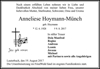 Traueranzeige von Anneliese Hoymann-Münch von VRM Trauer