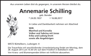 Traueranzeige von Annemarie Schilling von Trauerportal Echo Online