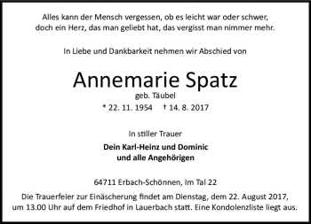 Traueranzeige von Annemarie Spatz von Trauerportal Echo Online