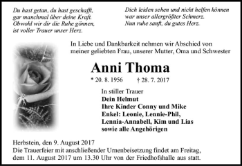 Traueranzeige von Anni Thoma von VRM Trauer