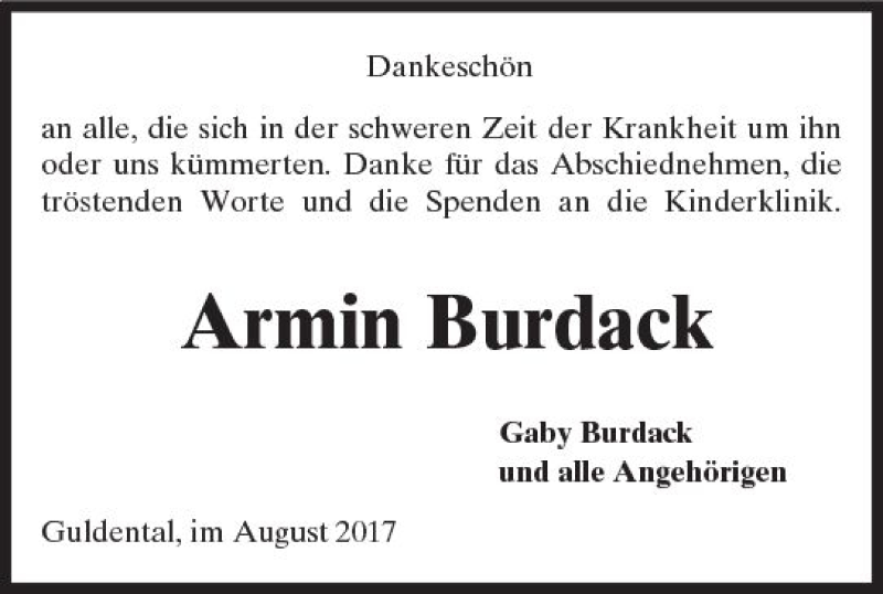  Traueranzeige für Armin Burdack vom 19.08.2017 aus Trauerportal Rhein Main Presse