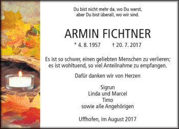 Traueranzeige von Armin Fichtner von Trauerportal Rhein Main Presse