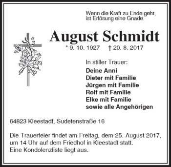 Traueranzeige von August Schmidt von Trauerportal Echo Online