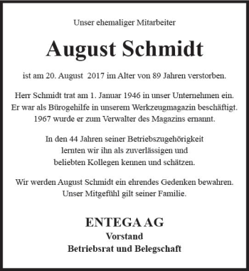Traueranzeige von August Schmidt von Trauerportal Echo Online
