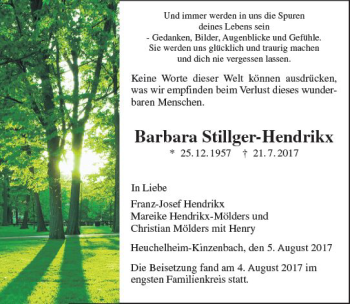 Traueranzeige von Barbara Stillger-Hendrikx von  Gießener Anzeiger