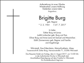Traueranzeige von Brigitte Burg von Trauerportal Rhein Main Presse