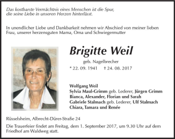 Traueranzeige von Brigitte Weil von Trauerportal Rhein Main Presse