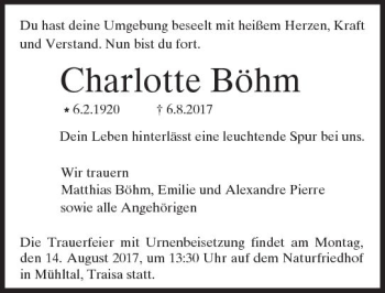 Traueranzeige von Charlotte Böhm von Trauerportal Echo Online