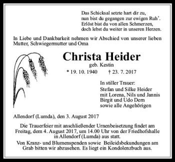 Traueranzeige von Christa Heider von  Gießener Anzeiger