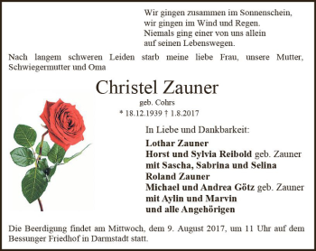 Traueranzeige von Christel Zauner von Trauerportal Echo Online