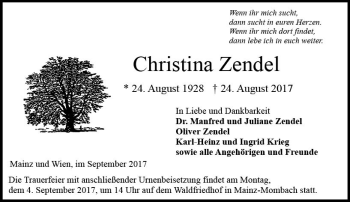 Traueranzeige von Christina Zendel von Trauerportal Rhein Main Presse
