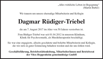 Traueranzeige von Dagmar Rüdiger-Triebel von Trauerportal Echo Online