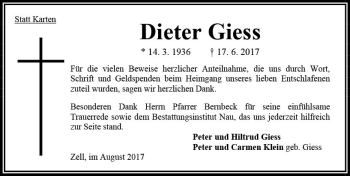 Traueranzeige von Dieter Giess von VRM Trauer