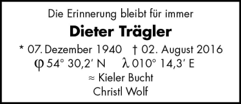 Traueranzeige von Dieter Trägler von Trauerportal Echo Online