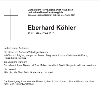 Traueranzeige von Eberhard Köhler von Trauerportal Rhein Main Presse