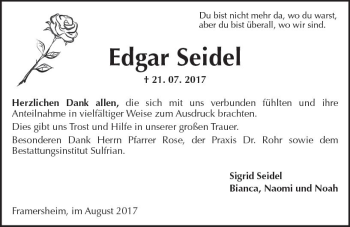 Traueranzeige von Edgar Seidel von Trauerportal Rhein Main Presse
