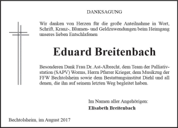 Traueranzeige von Eduard Breitenbach von Trauerportal Rhein Main Presse