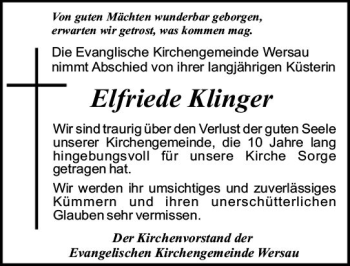 Traueranzeige von Elfriede Klinger von Trauerportal Echo Online