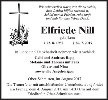 Traueranzeige von Elfriede Nill von  Kreisanzeiger