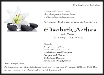 Traueranzeige von Elisabeth Anthes von Trauerportal Echo Online