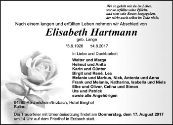 Traueranzeige von Elisabeth Hartmann von Trauerportal Echo Online