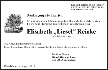 Traueranzeige von Elisabeth Reinke von Trauerportal Rhein Main Presse