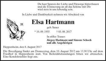 Traueranzeige von Elsa Hartmann von Trauerportal Echo Online