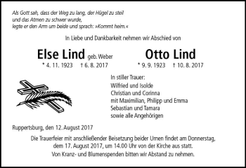 Traueranzeige von Else und Otto Lind von  Gießener Anzeiger