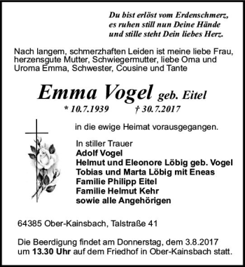 Traueranzeige von Emma Vogel von Trauerportal Echo Online